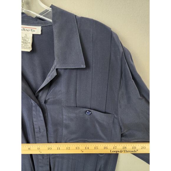 Talbots 100% Silk Navy Shirt Dress Size 10 Collared Button Front Pocket Pleated - Picture 4 of 10